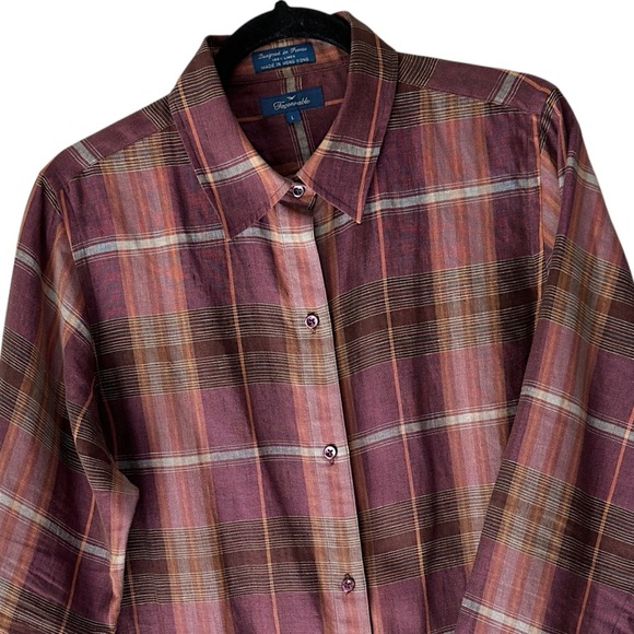 FACONNABLE | PURE LINEN TUNIC SHIRT PLAID LONG SLEEVE BUTTON FRONT PLUM | LARGE - Picture 4 of 9